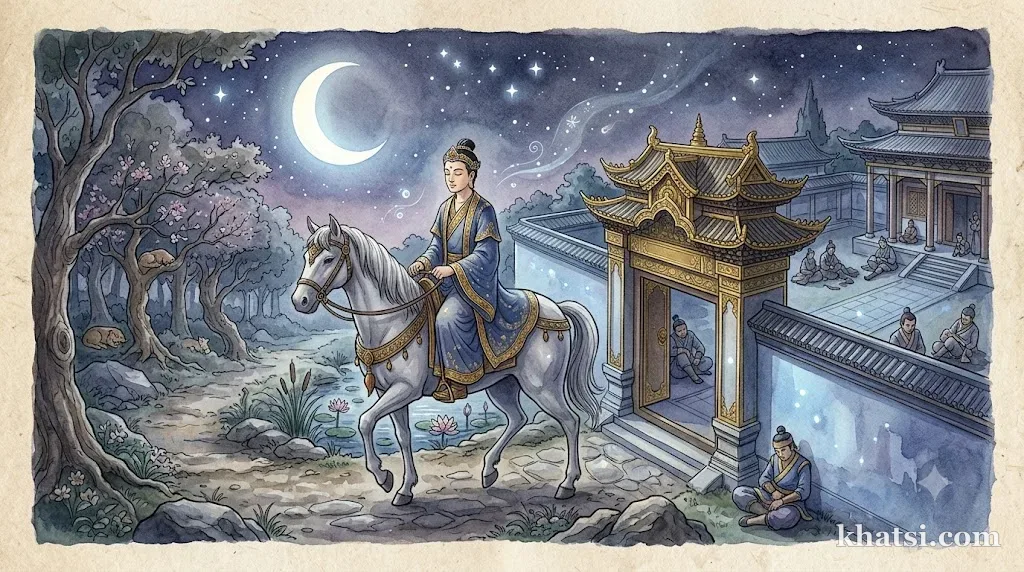 Thái tử Tất-đạt-đa cưỡi ngựa rời hoàng cung trong đêm trăng, sự kiện Đại xuất ly trong cuộc đời Đức Phật