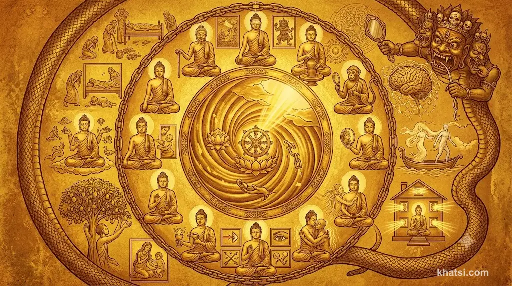Mười hai mắt xích nhân duyên nối thành vòng tròn luân hồi, biểu tượng Thập nhị nhân duyên trong đạo Phật