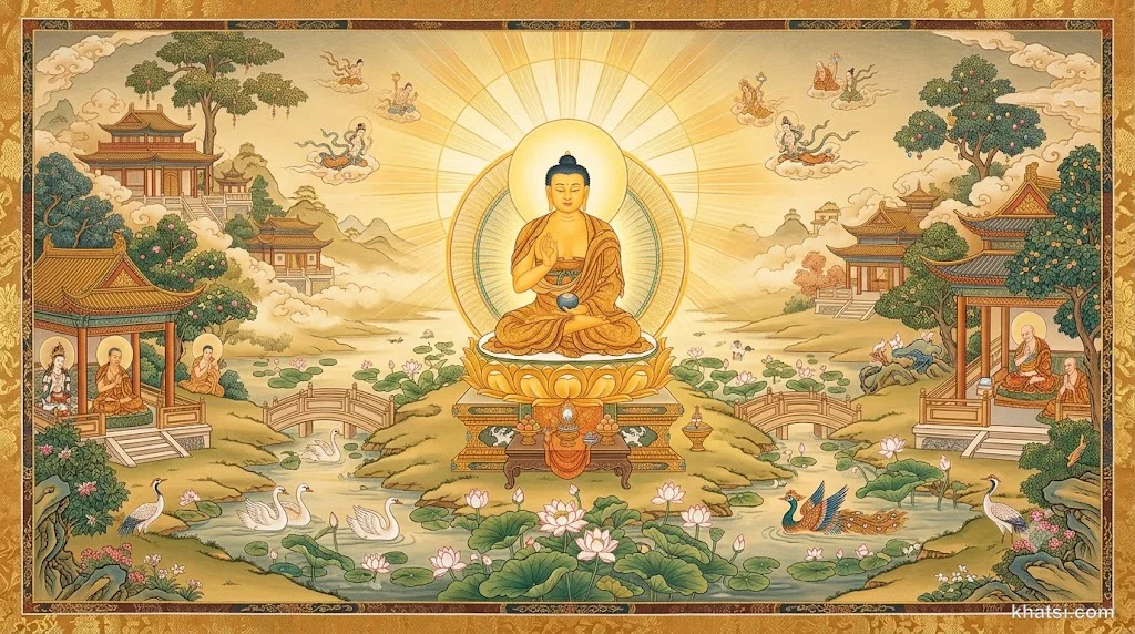 Đức A-Di-Đà Phật tọa trên đài sen vàng, phóng hào quang vô lượng chiếu khắp mười phương, nền cảnh cõi Cực Lạc trang nghiêm với ao sen, lâu các, chim thiên, phong cách nghệ thuật Phật giáo truyền thống