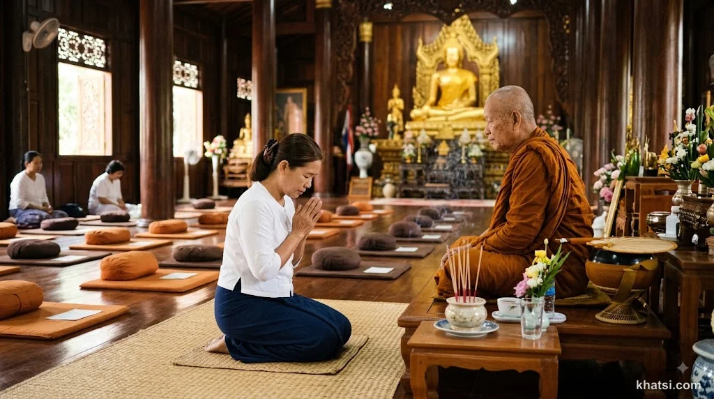 Cư sĩ Phật tử thọ Bát Quan Trai Giới trong chùa, không gian tĩnh lặng thanh tịnh