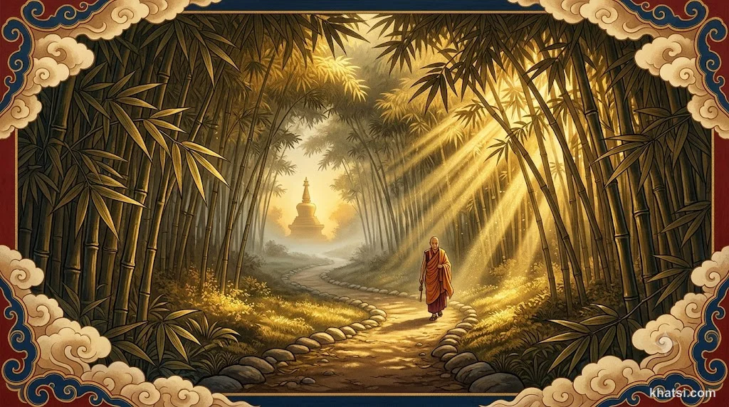Con đường rừng tre với ánh sáng chiếu xuyên qua, biểu tượng cho Chánh Kiến dẫn lối thoát khỏi mê muội