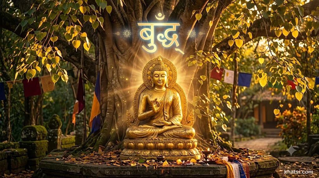 Biểu tượng chữ Buddha trong Pali và Sanskrit, với ánh sáng rực rỡ xung quanh thể hiện giác ngộ