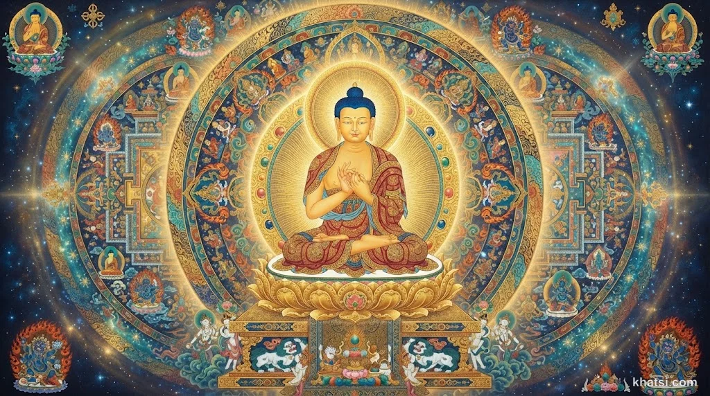 Đại Nhật Như Lai ngự tòa sen vàng, ánh sáng vàng kim tỏa khắp không gian mandala, phong cách nghệ thuật mật giáo truyền thống