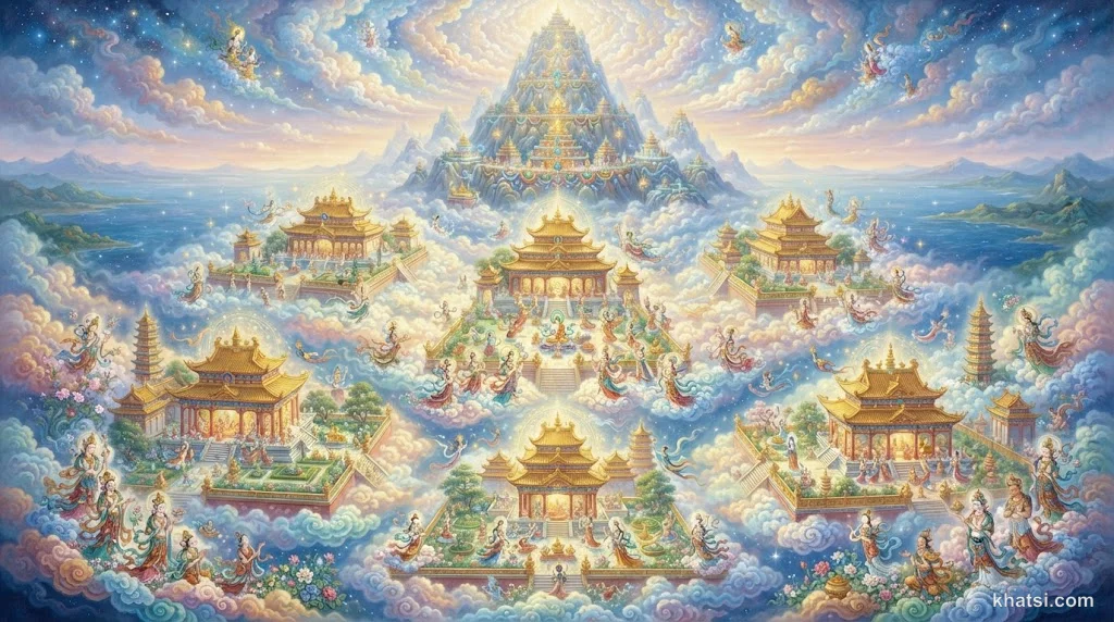 Cảnh tượng linh thiêng các tầng trời dục giới với cung điện rực rỡ và chư thiên tự tại, phong cách nghệ thuật Phật giáo truyền thống
