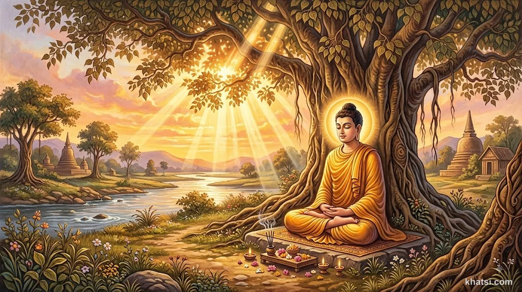 Đức Phật ngồi thiền dưới cây Bồ-đề trong ánh bình minh, biểu tượng giác ngộ và bình an