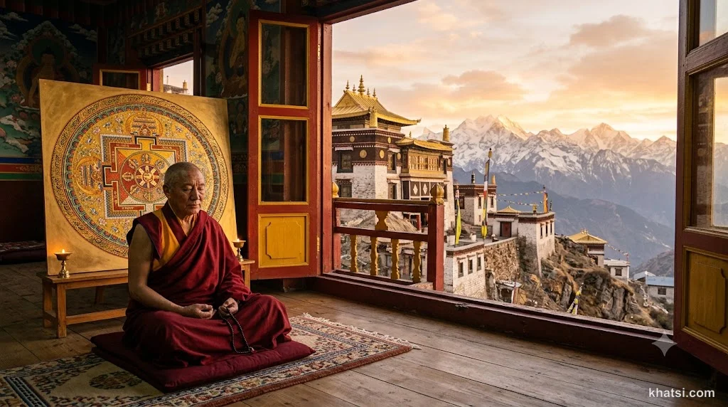Bậc thầy Tây Tạng và học sinh tu tập Guru Yoga trong khung cảnh thiền định, đại diện cho Tứ Pháp Tụng của truyền Vajrayāna.