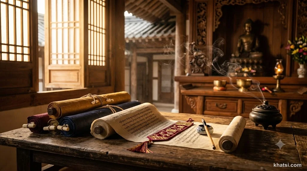 Hình minh họa kinh A-Hàm: sách kinh cổ trên bàn, ánh sáng nhẹ nhàng, phong cách Phật giáo truyền thống