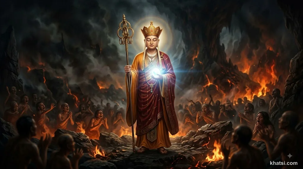 Bồ-tát Địa Tạng cầm tích trượng và ngọc châu, đứng giữa cảnh địa ngục với ánh sáng từ bi chiếu soi