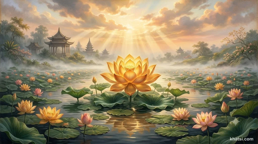 Hoa sen vàng nở rộ giữa ao trong vắt, tượng trưng cho Kinh Diệu Pháp Liên Hoa