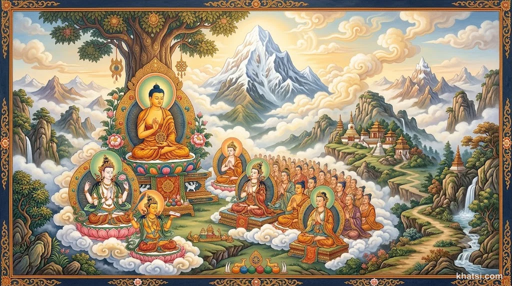 Cảnh núi Lăng Già (Lanka) với Phật đang thuyết pháp cho Bồ-tát trong khung cảnh tâm linh cổ kính, phong cách nghệ thuật Phật giáo truyền thống