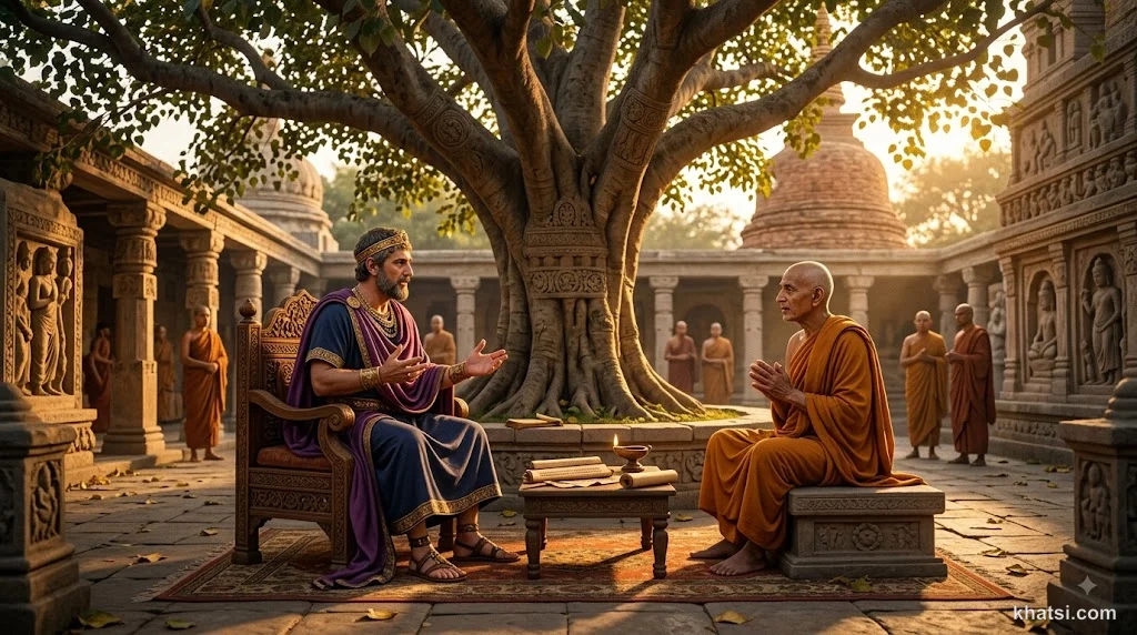 Vua Milinda và ngài Nāgasena đối thoại trong cung điện, ánh sáng vàng rực rỡ, phong cách tranh truyền thống Phật giáo