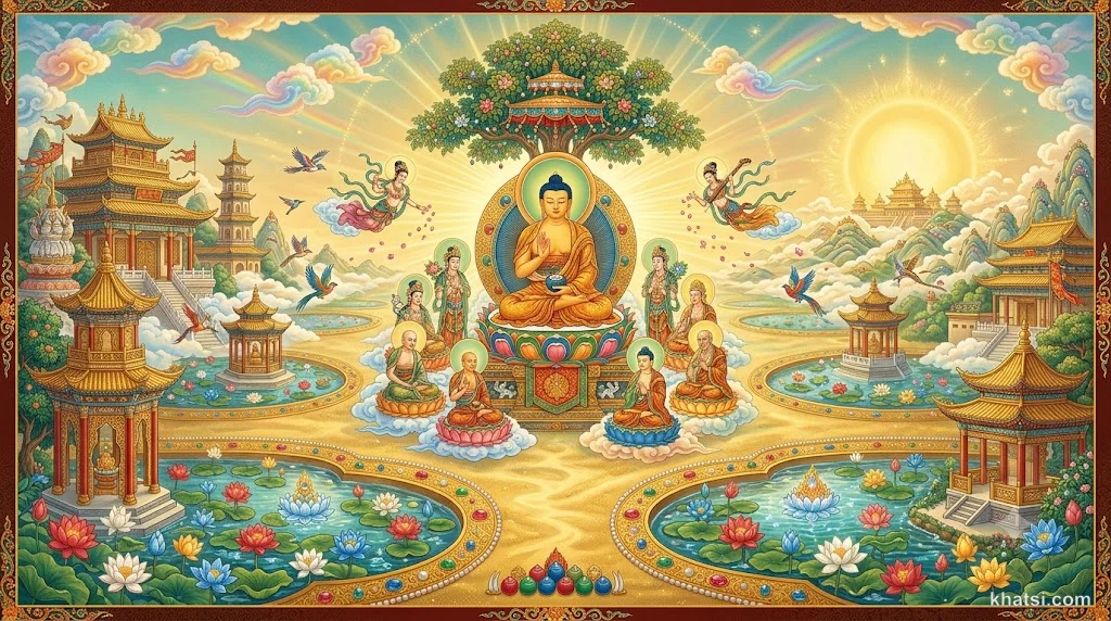 Cõi Cực Lạc Tây Phương rực rỡ ánh vàng với ao thất bảo, hoa sen nở, và A-Di-Đà Phật ngự giữa hào quang