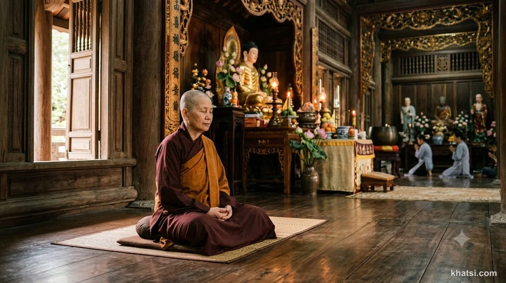 Tỳ-kheo-ni trong tư thế thiền định tại chùa, thể hiện sự thanh tịnh và giới luật