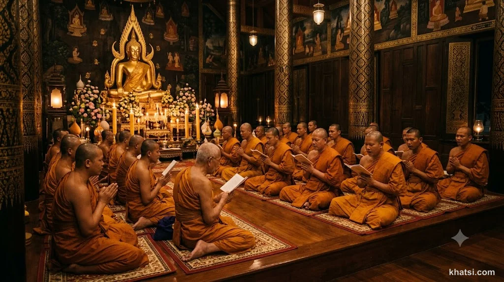 Tăng ni tụng giới trong phòng giới đường, biểu tượng Luật Tạng Vinaya trong Phật giáo