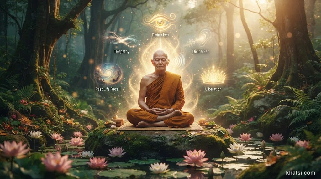 Hình minh họa một vị A-la-hán ngồi thiền, ánh sáng từ tâm thức lan tỏa, tượng trưng sáu phép thần thông trong Phật giáo