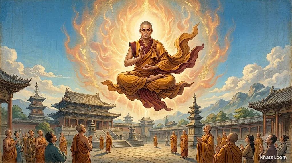 Mục-Kiền-Liên hiển thần thông vượt không gian, ánh sáng vàng xung quanh, phong cách nghệ thuật tâm linh truyền thống