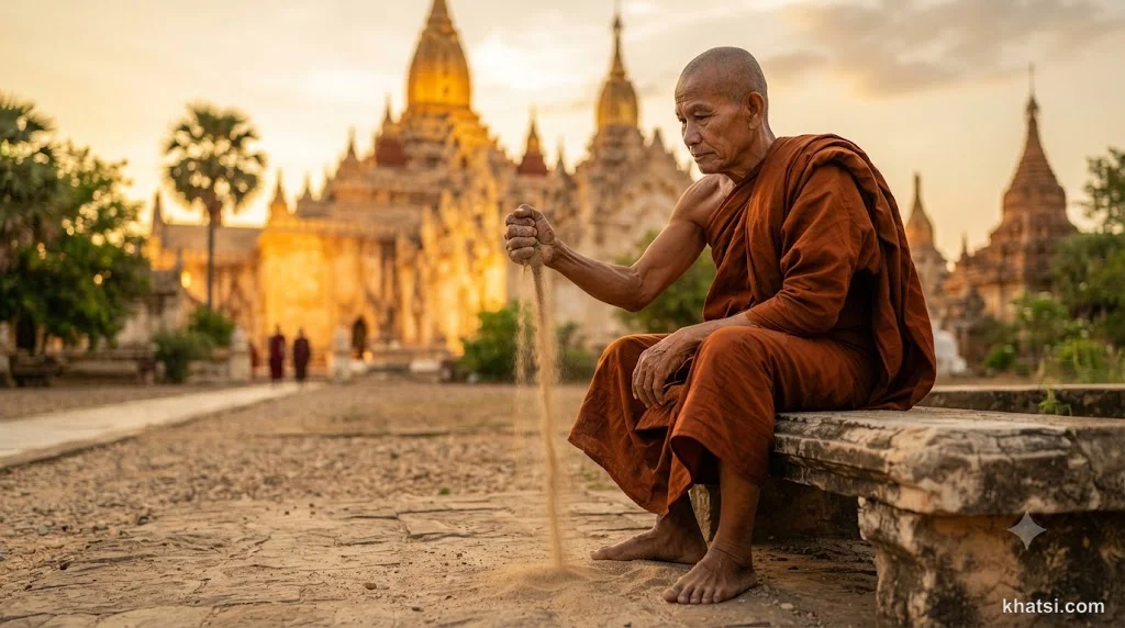 Hình ảnh biểu tượng về sự chấp thủ vào cái ngã - một bàn tay nắm chặt cát đang rơi xuống