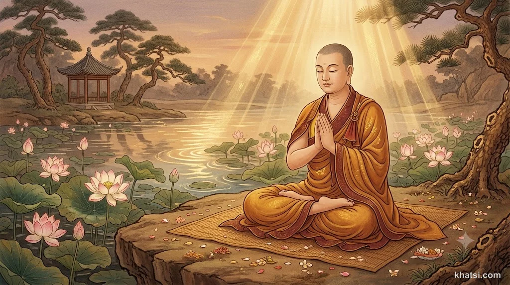 Hành giả ngồi thiền niệm Phật trong khung cảnh yên tĩnh, ánh sáng vàng A-Di-Đà phóng xuống từ trên cao, bầu không khí trang nghiêm và thanh tịnh, phong cách nghệ thuật Phật giáo truyền thống