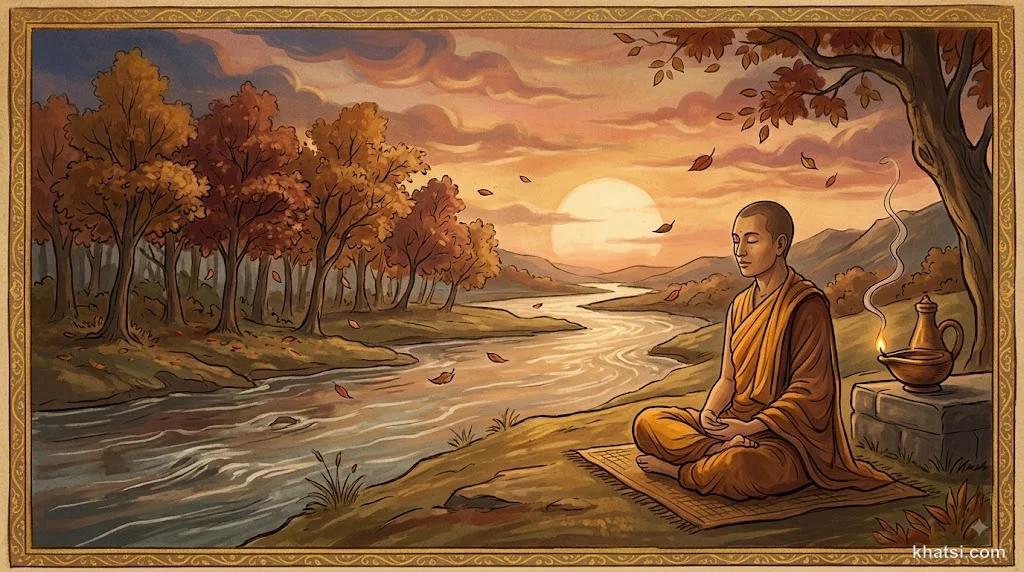 Cảnh thiền định trước biểu tượng vô thường — đèn đang tắt, lá rơi, dòng nước chảy — minh họa pháp Niệm Tử