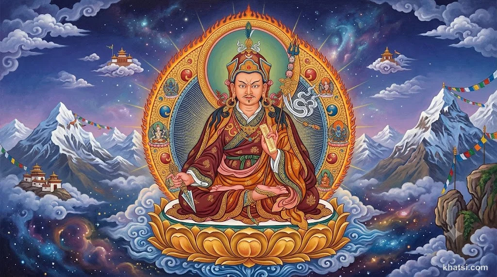 Padmasambhava, sơ tổ Vajrayāna ở Tây Tạng, ngồi cỏ sen vàng trên bầu trời, với sách kinh và phương trượng.