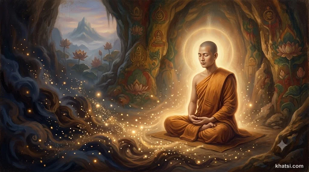 Hình ảnh tượng trưng cho sám hối trong Phật giáo với ánh sáng thanh tịnh xua tan bóng tối nghiệp chướng