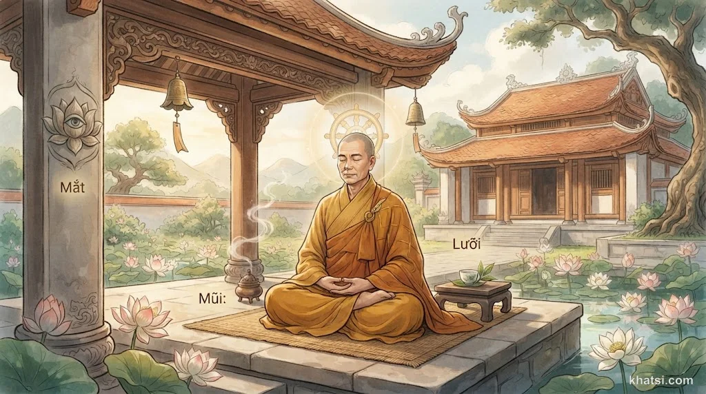 Sáu cửa vào của tâm thức — biểu tượng hạnh vi dẫn vào giác ngộ