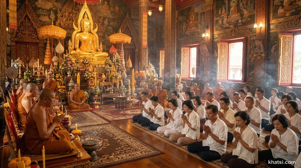 Nghi thức quy y Tam Bảo trong chùa Phật giáo, tăng ni và cư sĩ cầu nguyện trước tượng Phật