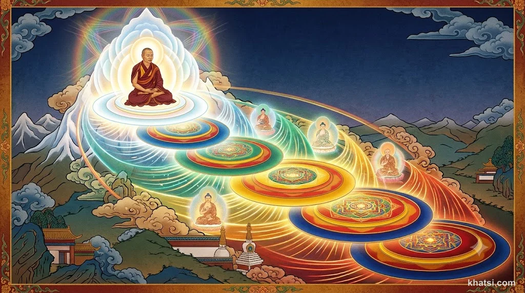 Tám tầng thiền định với ánh sáng chế ngự sắc tướng, từ vật chất đến vô sắc, minh họa Tám Thắng Xứ trong Phật giáo