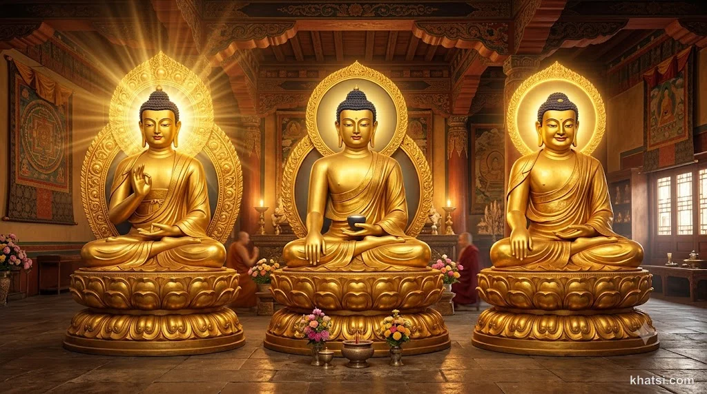 Ba tượng Phật tọa trên đài sen vàng, từ trái sang phải: Phật Nhiên Đăng ánh sáng rực rỡ, Phật Thích-Ca ngồi thiền định, Phật Di-Lặc mỉm cười từ bi, nền cảnh chùa Phật giáo truyền thống với hào quang vàng tỏa sáng