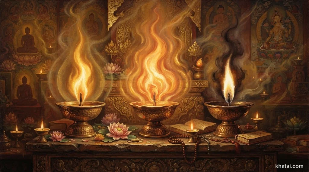 Biểu tượng tham ái - ba ngọn lửa tượng trưng dục ái, hữu ái, phi hữu ái - minh họa Tập Đế trong Phật giáo