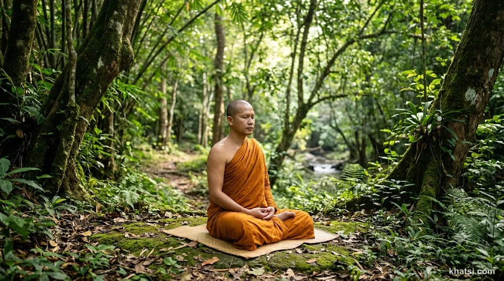 Hành giả ngồi thiền quán thân thể trong rừng yên tĩnh