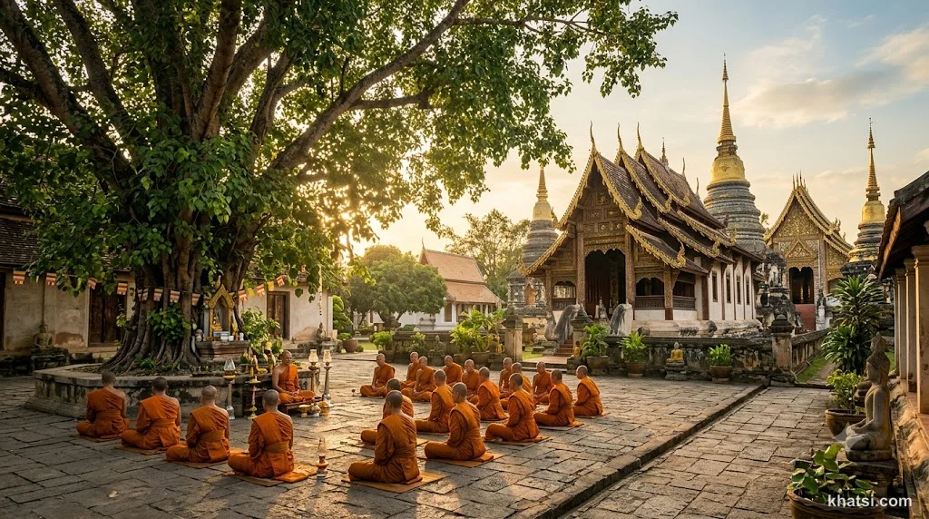 Tăng lữ Phật giáo nguyên thủy ngồi thiền dưới tán cây Bồ Đề
