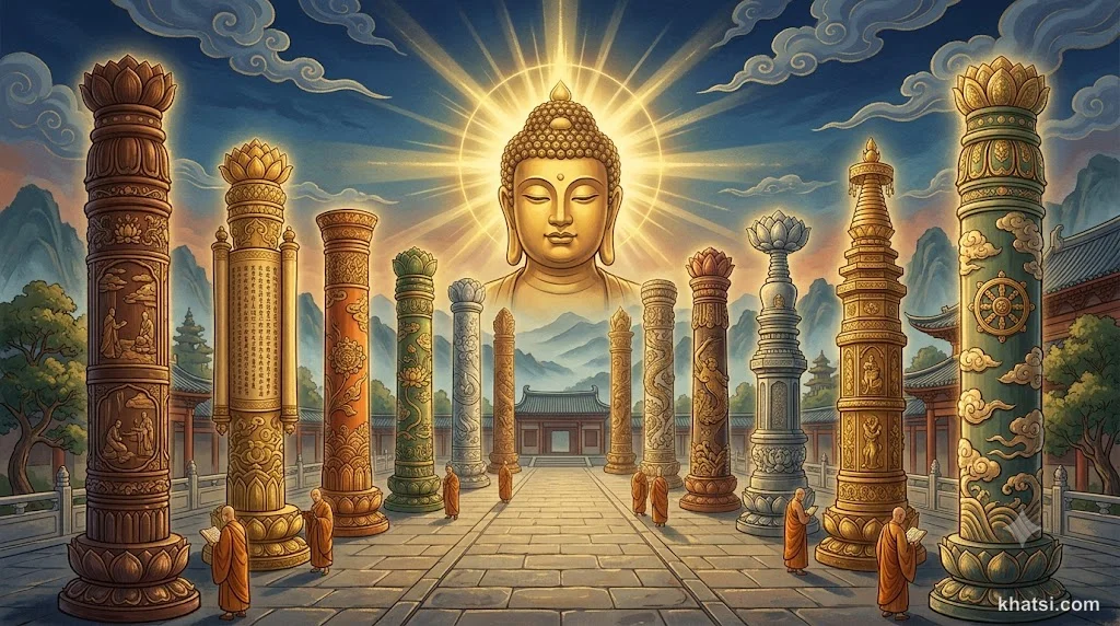 Minh họa 12 loại kinh điển Phật giáo được xếp thành cột trụ tri thức, ánh sáng chiếu rọi từ đỉnh đầu Phật, không văn bản, không logo