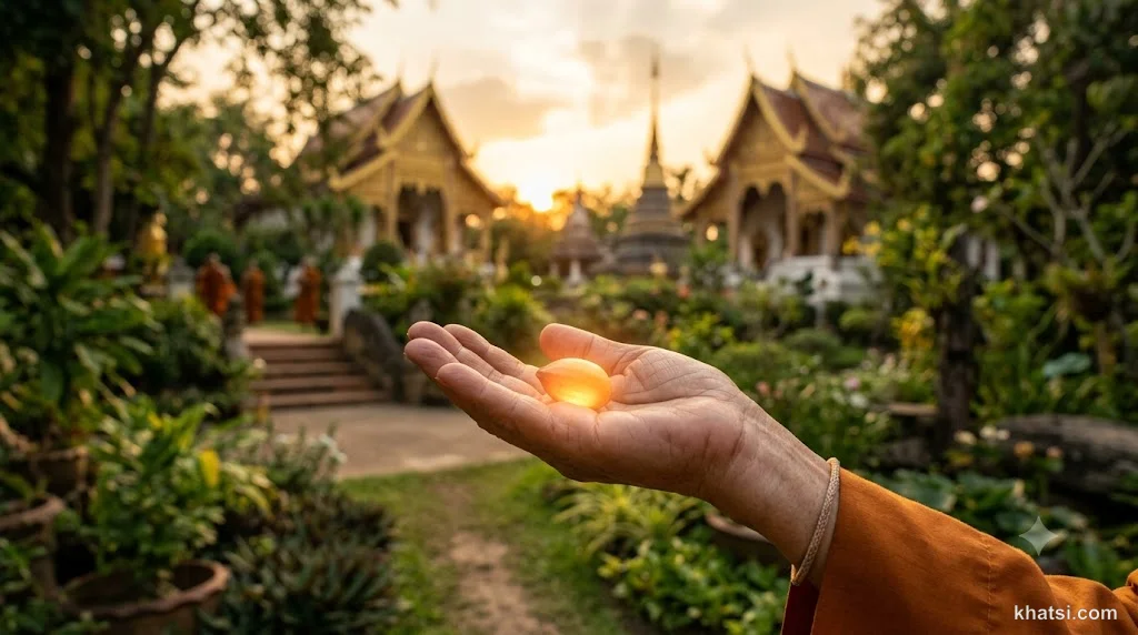 Bàn tay cầm hạt giống trong ánh sáng, biểu tượng cho thiện nghiệp gieo trồng quả lành