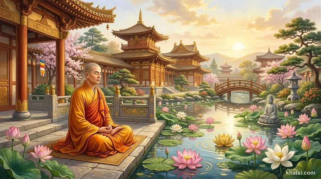 Tranh minh họa Thiền Tịnh Song Tu: cảnh tọa thiền bên hồ sen trong chùa truyền thống