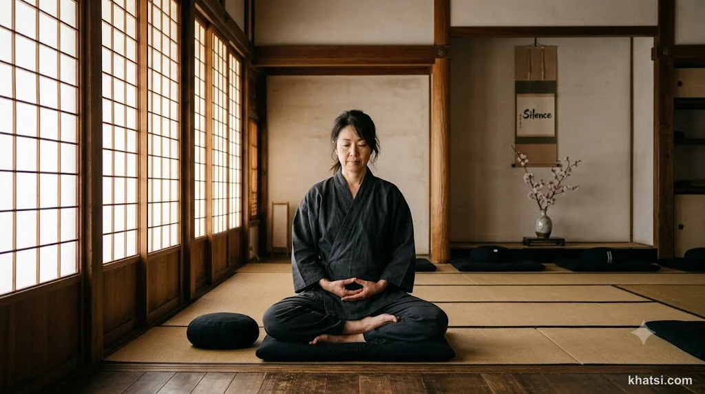 Hành giả ngồi thiền zazen trong phòng thiền yên tĩnh