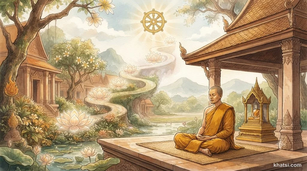 Một vị tu sĩ thiền quán, ánh sáng dịu nhẹ, biểu tượng sự định tâm sâu xa