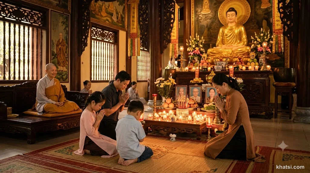 Cảnh minh họa Tứ Ân - người con quỳ gối trước bàn thờ tổ tiên, ánh nến ấm áp, hình ảnh Phật và thầy ở phía sau