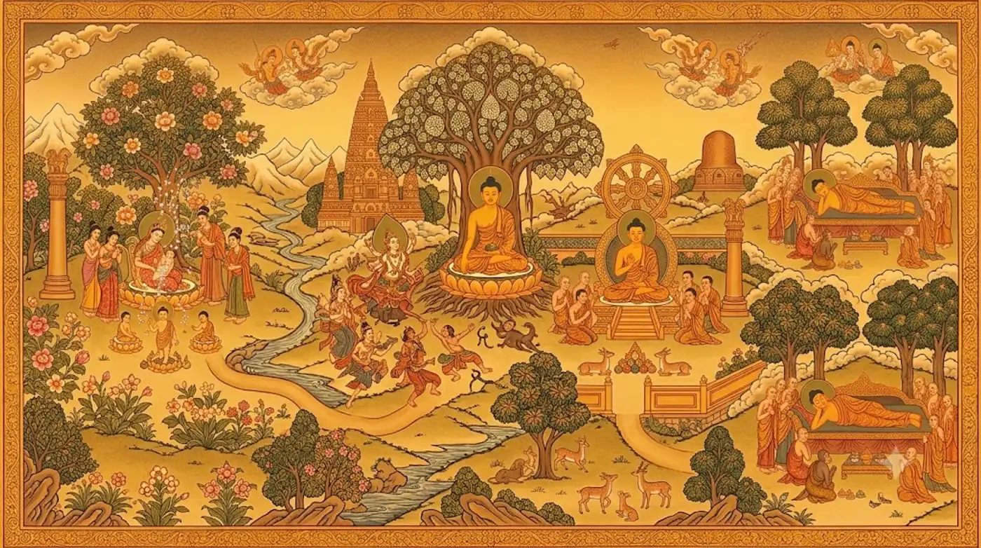 Người tu tập ngồi thiền yên tĩnh dưới cây, tâm tĩnh mặn trong ánh sáng hồng sớm