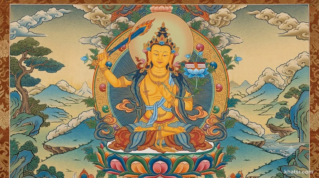 Văn Thù Sư Lợi Bồ-tát cưỡi sư tử cầm thanh kiếm trí tuệ, xung quanh ánh sáng vàng rực rỡ, minh họa bài viết về Mañjuśrī trong Phật giáo Đại Thừa