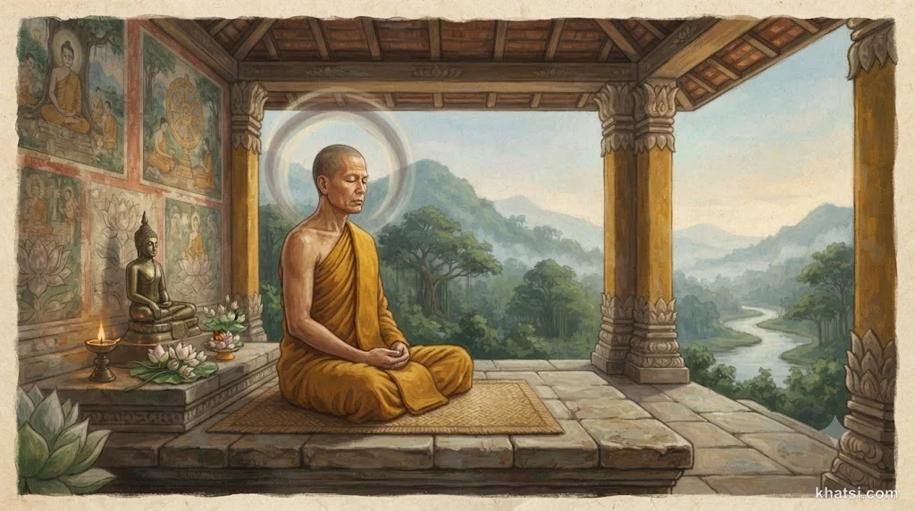 Một tu sĩ Phật giáo ngồi thiền trong nội tâm tĩnh lặng