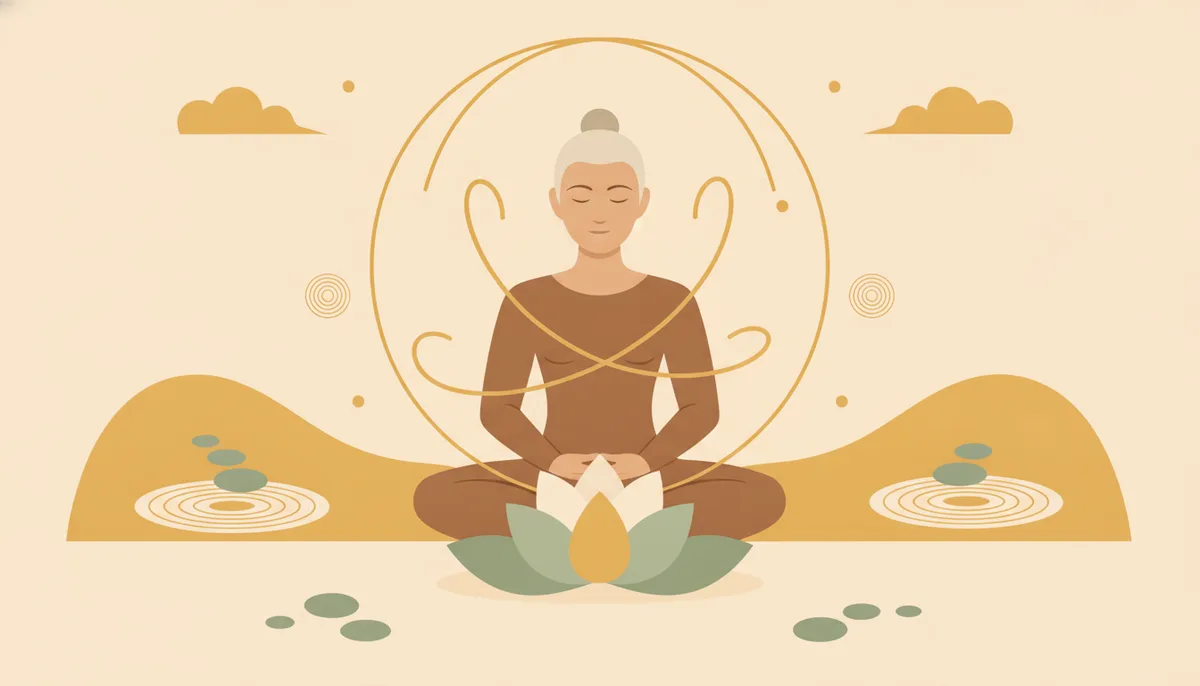 Người ngồi thiền với dòng hơi thở nhẹ nhàng