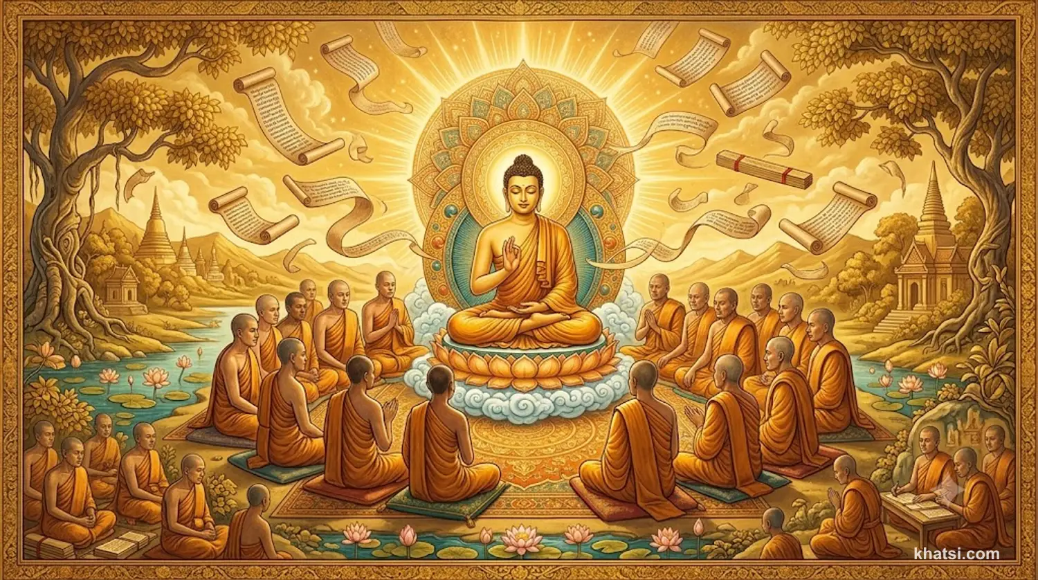 Các sư thầy tụng kinh Pāli trong chùa chiều, thể hiện truyền thống sống động của Kinh Pāli