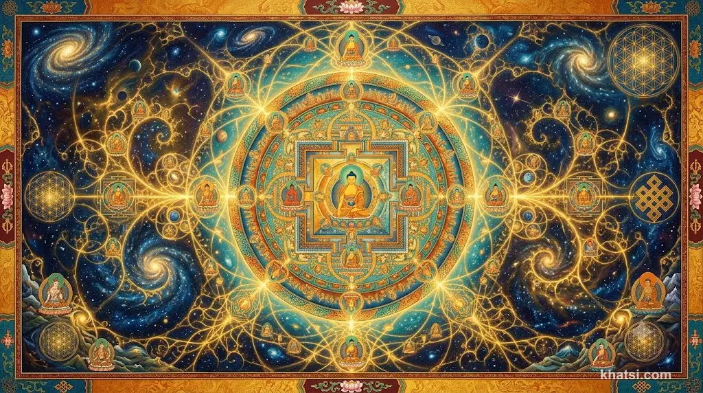 Pháp Giới Vô Hạn — Mandala vũ trụ Phật giáo vô hạn với các Phật sáng tỏa khắp không gian