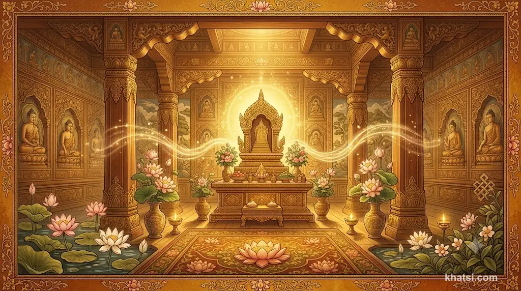 Kinh Pháp Cú — Cảnh điện thờ Phật giáo với hoa sen, ánh sáng thiêng liêng và lời dạy cốt lõi