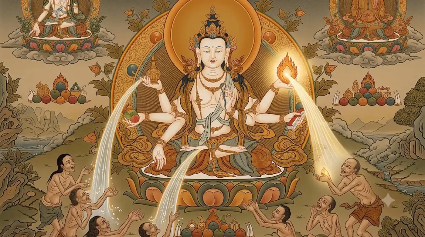 Bồ-tát hành trì Bố thí Ba-la-mật, ban rải tình thương và vật phẩm đến chúng sinh bằng tâm vô ngã
