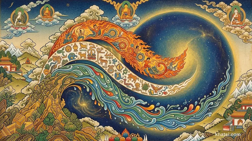 Năm uẩn như năm dòng năng lượng liên kết: Sắc, Thọ, Tưởng, Hành, Thức vận hành cùng nhau trong cơ thể tâm trí