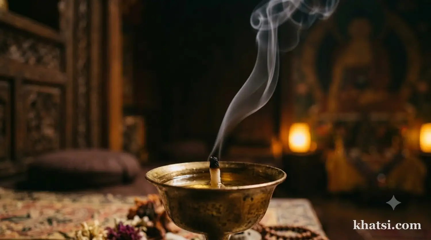 Ngọn lửa dầu vừa tắt lịm trên nền tĩnh lặng, biểu tượng dập tắt tham sân si mà không phải hư vô