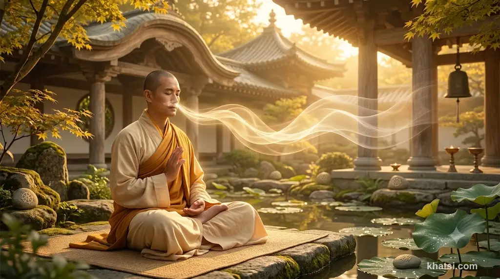 Người thiền định theo dõi hơi thở, tâm an tịnh trở về hiện tại