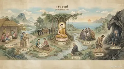 Minh họa tám loại khổ đau trong Phật giáo: sinh, già, bệnh, chết, gặp ghét, xa thương, cầu không được, ngũ uẩn xí thạnh khổ